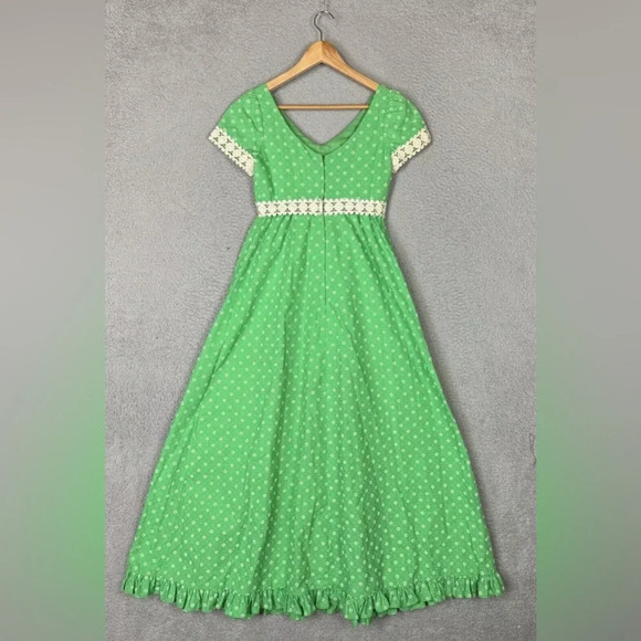 Princess Kaiulani Vintage Dress Womens Small Green Hawaiian 60's Empire Maxi Dot - Picture 2 of 11